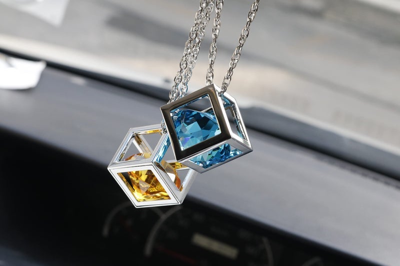 Fsforcar Bling Diamond Cube Car Rear View Mirror Charms, Crystal Rhinestone Cube Hanging Ornament for Automotive, Home Decor (Blue) - Image 2